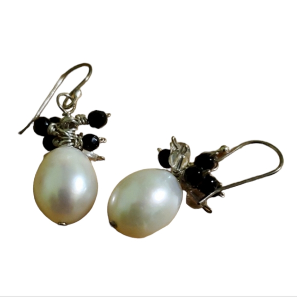 Sterling silver pearl and semiprecious stone earrings - Picture 2 of 5